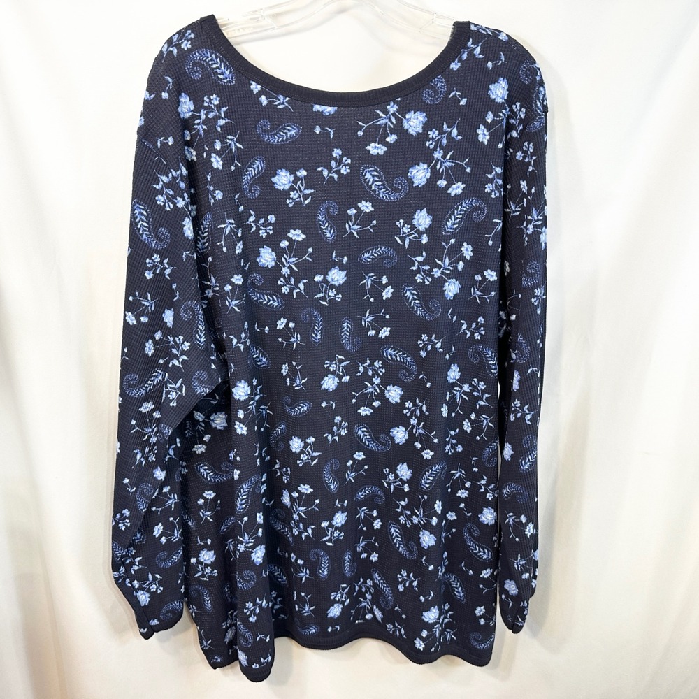 Woman‎ Within Plus Size 26/28W Thermal Top 2X Navy Blue Floral Waffle Knit 1532 - Picture 2 of 10